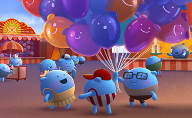 Doptelet platelet characters holding colorful balloons in carnival scenery